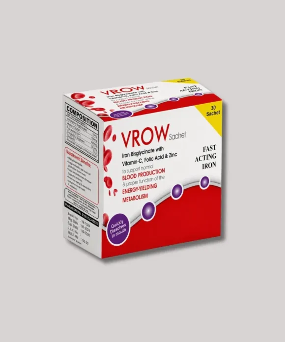 Vrow Sachet – Iron Bisglycinate with Vitamin C, Folic Acid & Zinc (1 Box = 30 Sachets)